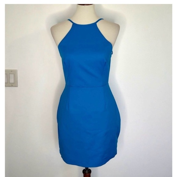 Super Down Dress sz L Blue Selena Bodycon Mini Open Back High Neck Revolve - Picture 6 of 12